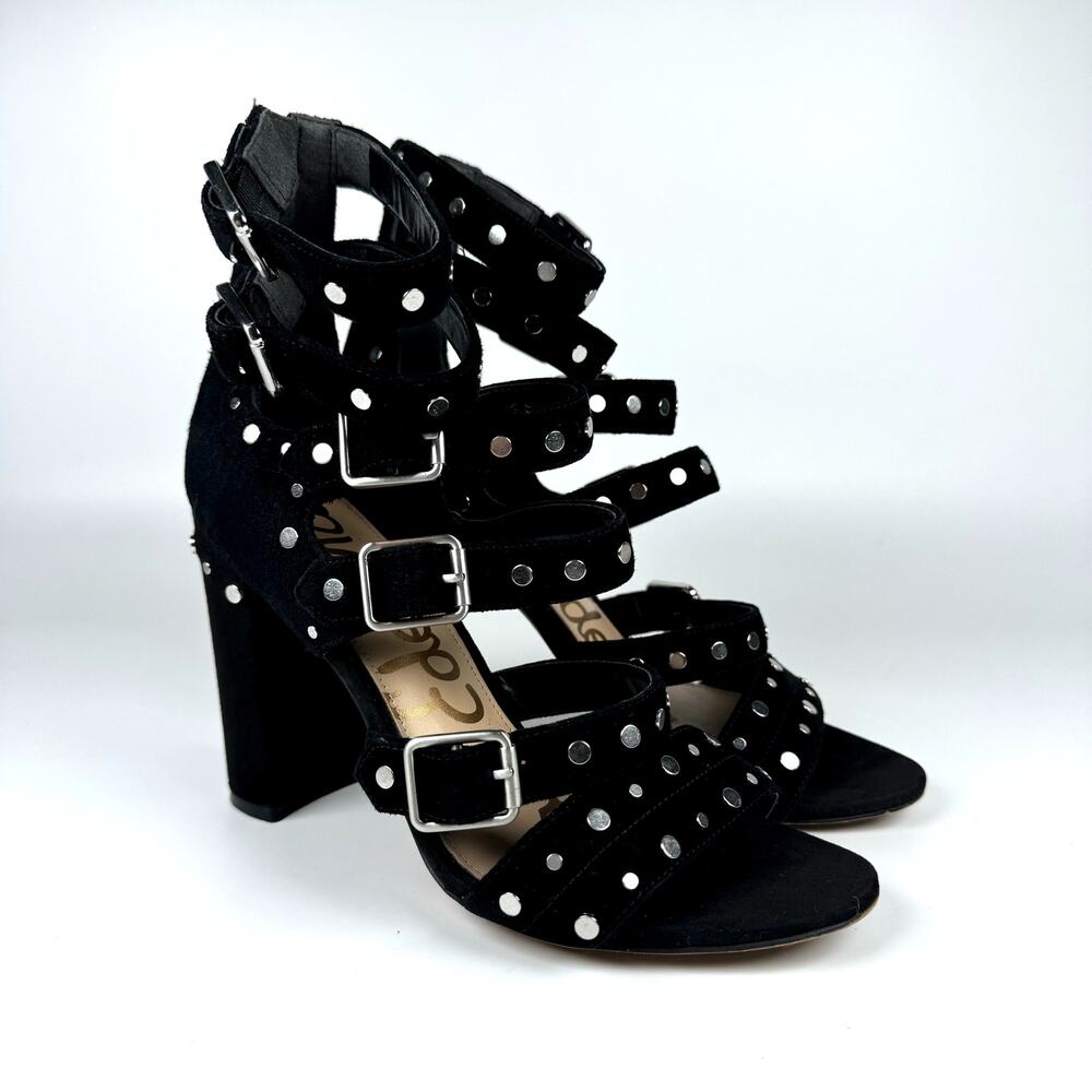 Sam Edelman Women Black Studded Strappy Gladiator Block High Heels Sandal Size 7